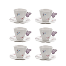 Jogo 6 Xícaras de Chá Porcelana com Pires Borboletas Branco 200ml